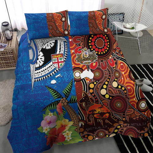Fiji and Australia Together Bedding Set Fijian Tapa Plants with Kangaroo and Aboriginal - Aussie Hoodie