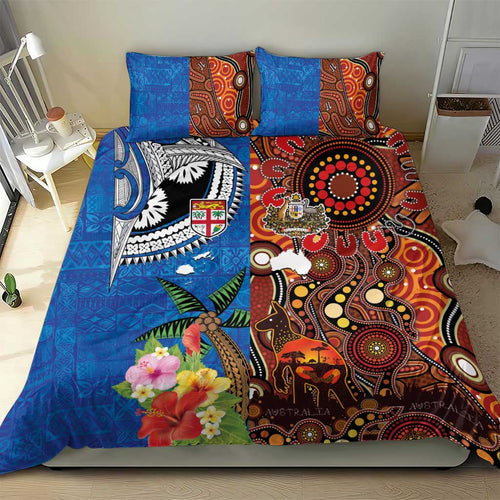 Fiji and Australia Together Bedding Set Fijian Tapa Plants with Kangaroo and Aboriginal - Aussie Hoodie