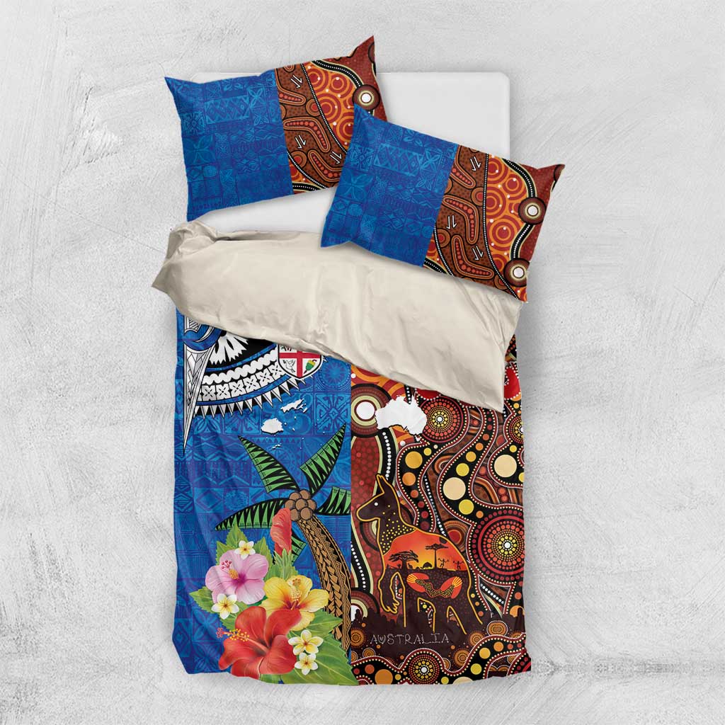 Fiji and Australia Together Bedding Set Fijian Tapa Plants with Kangaroo and Aboriginal - Aussie Hoodie
