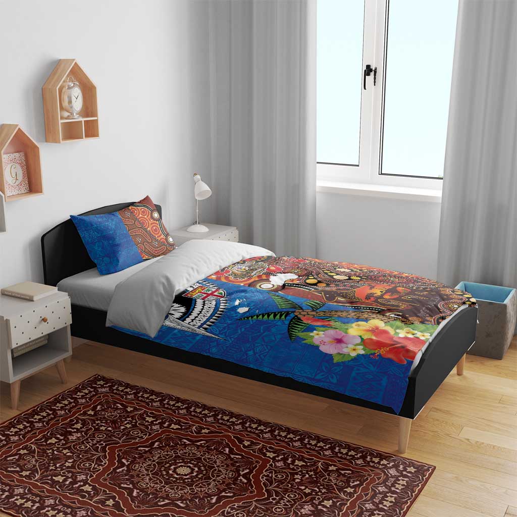 Fiji and Australia Together Bedding Set Fijian Tapa Plants with Kangaroo and Aboriginal - Aussie Hoodie
