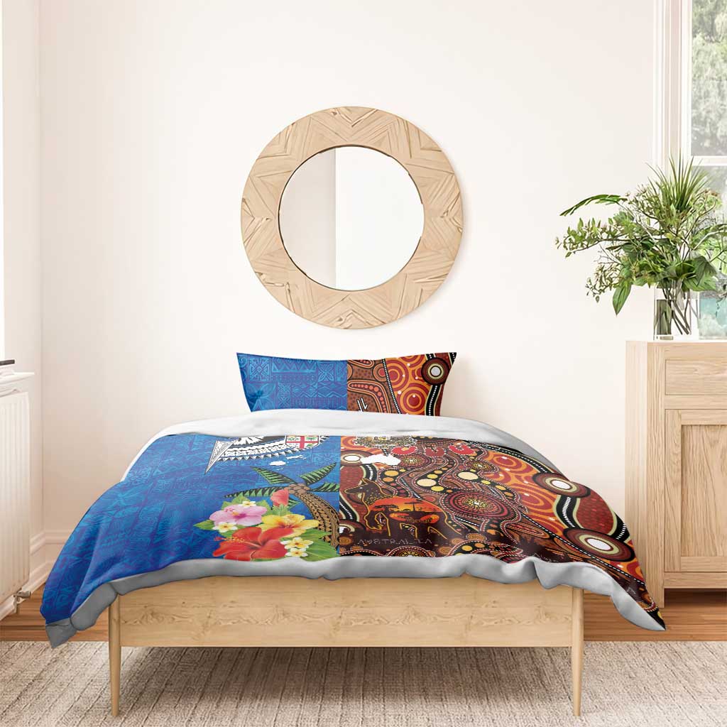 Fiji and Australia Together Bedding Set Fijian Tapa Plants with Kangaroo and Aboriginal - Aussie Hoodie
