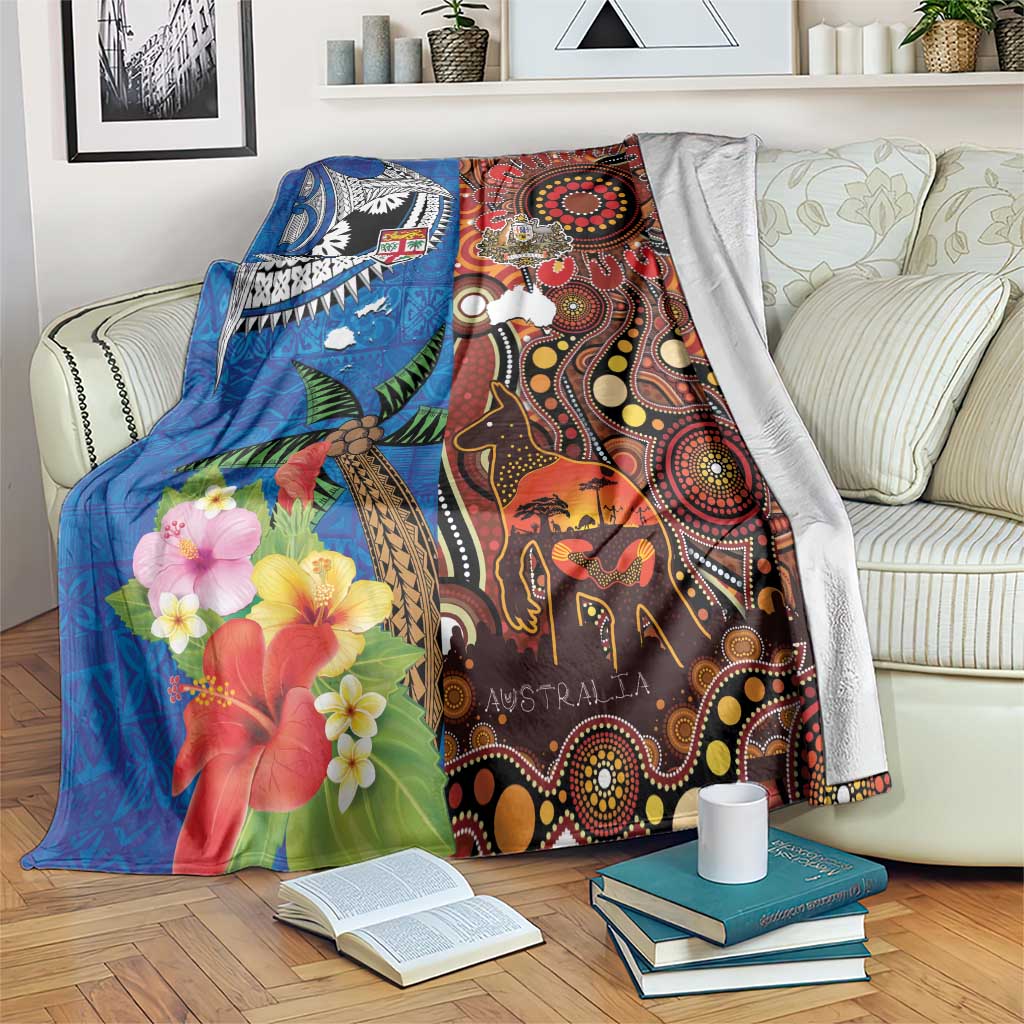 Fiji and Australia Together Blanket Fijian Tapa Plants with Kangaroo and Aboriginal - Aussie Hoodie