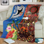 Fiji and Australia Together Blanket Fijian Tapa Plants with Kangaroo and Aboriginal - Aussie Hoodie