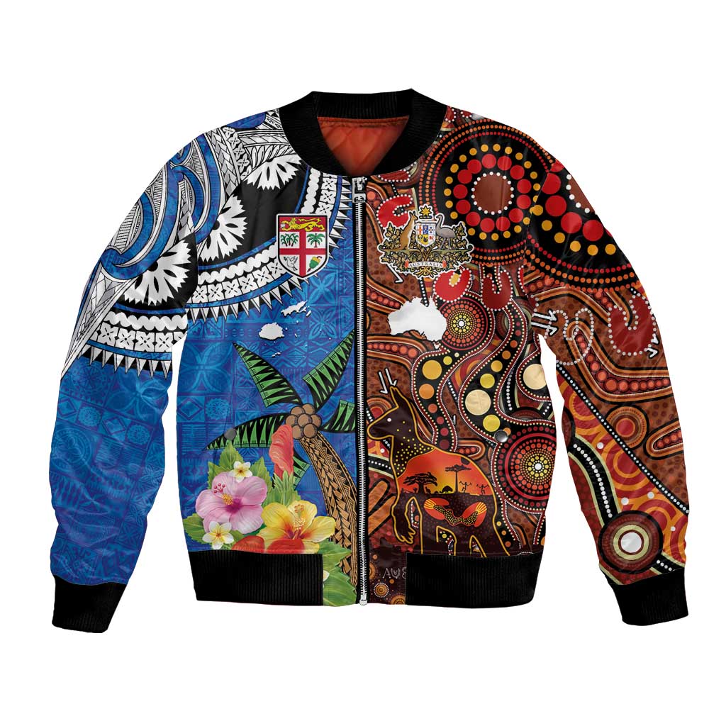 Fiji and Australia Together Bomber Jacket Fijian Tapa Plants with Kangaroo and Aboriginal - Aussie Hoodie
