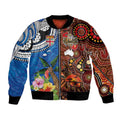 Fiji and Australia Together Bomber Jacket Fijian Tapa Plants with Kangaroo and Aboriginal - Aussie Hoodie