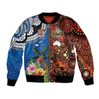 Fiji and Australia Together Bomber Jacket Fijian Tapa Plants with Kangaroo and Aboriginal - Aussie Hoodie