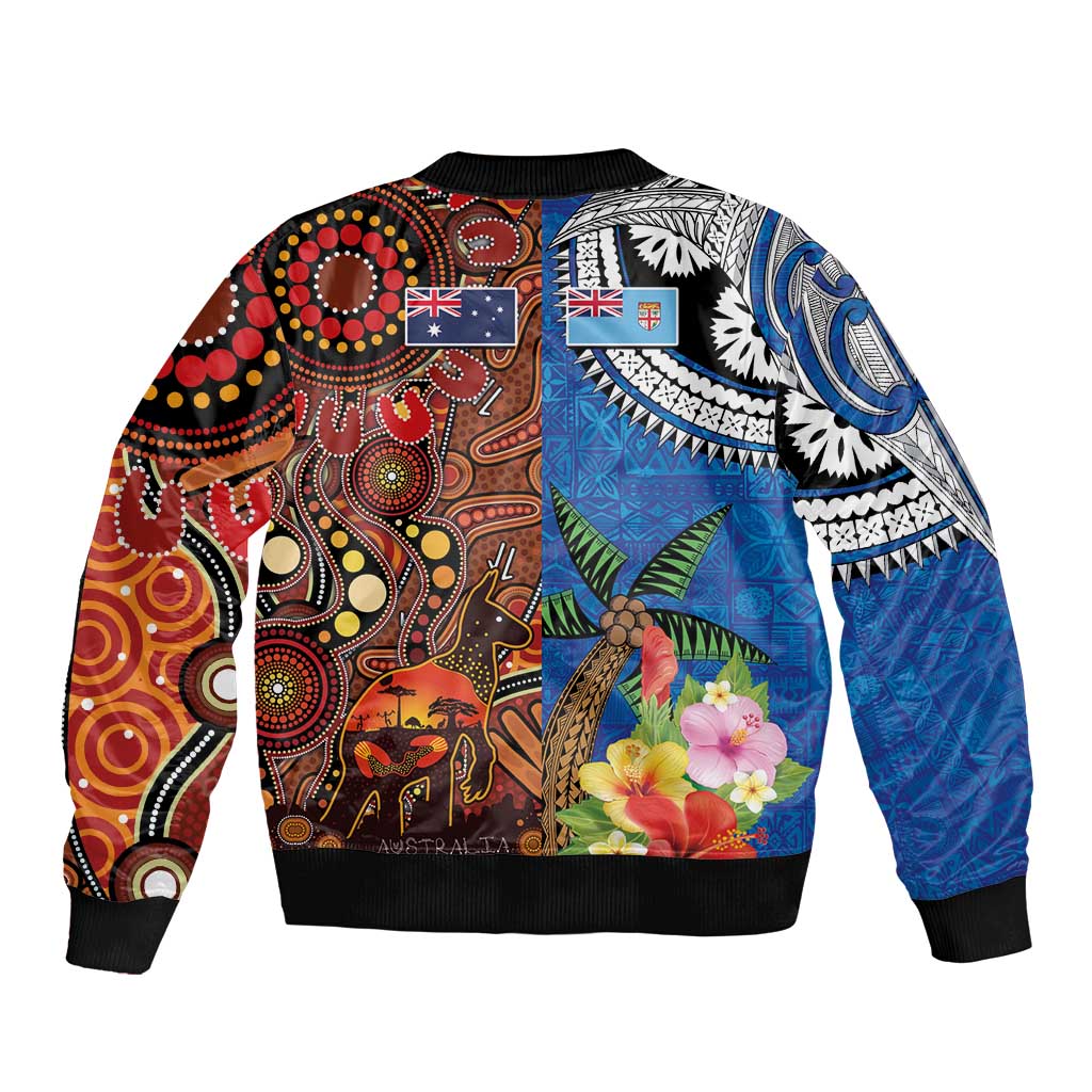 Fiji and Australia Together Bomber Jacket Fijian Tapa Plants with Kangaroo and Aboriginal - Aussie Hoodie