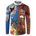 Fiji and Australia Together Button Sweatshirt Fijian Tapa Plants with Kangaroo and Aboriginal - Aussie Hoodie