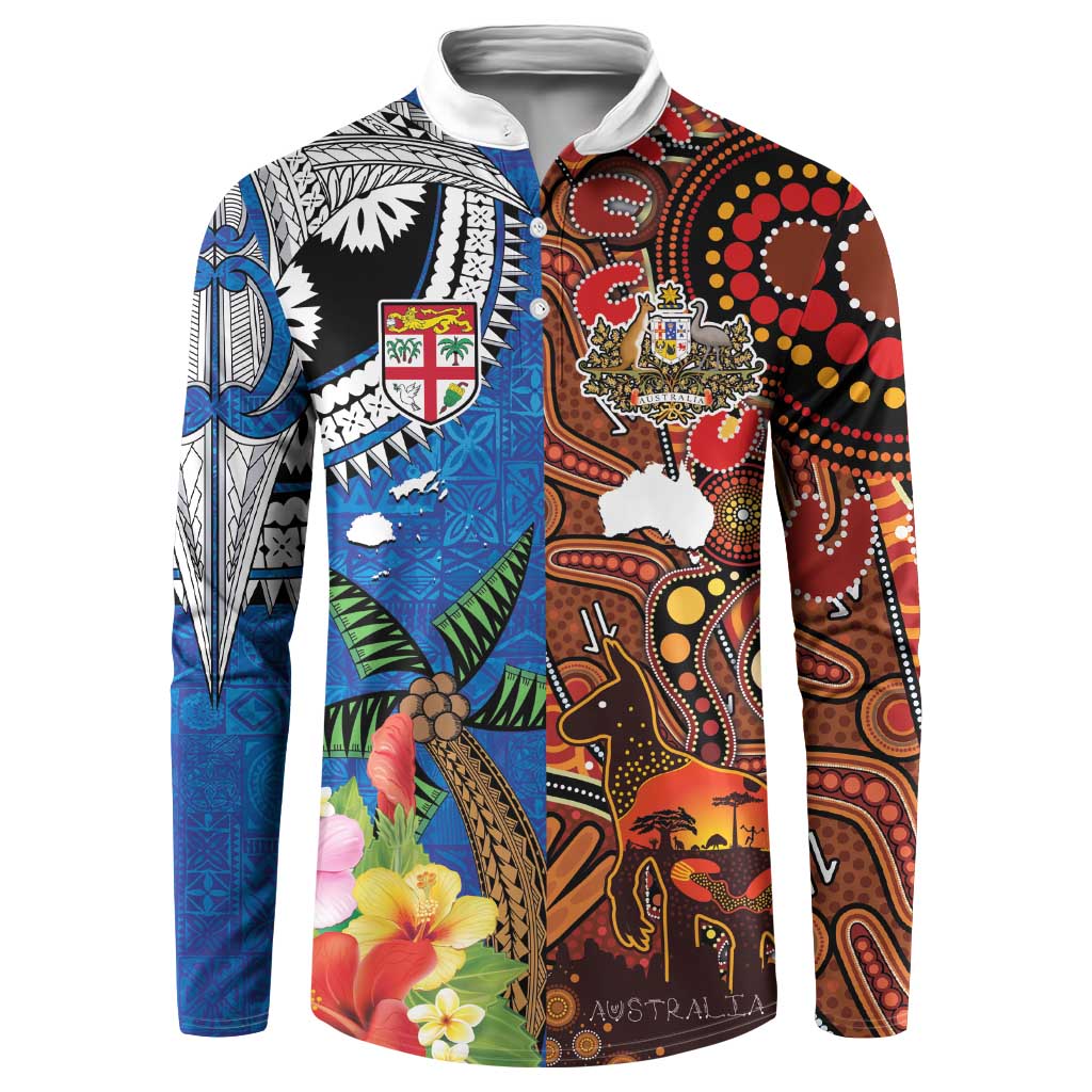 Fiji and Australia Together Button Sweatshirt Fijian Tapa Plants with Kangaroo and Aboriginal - Aussie Hoodie