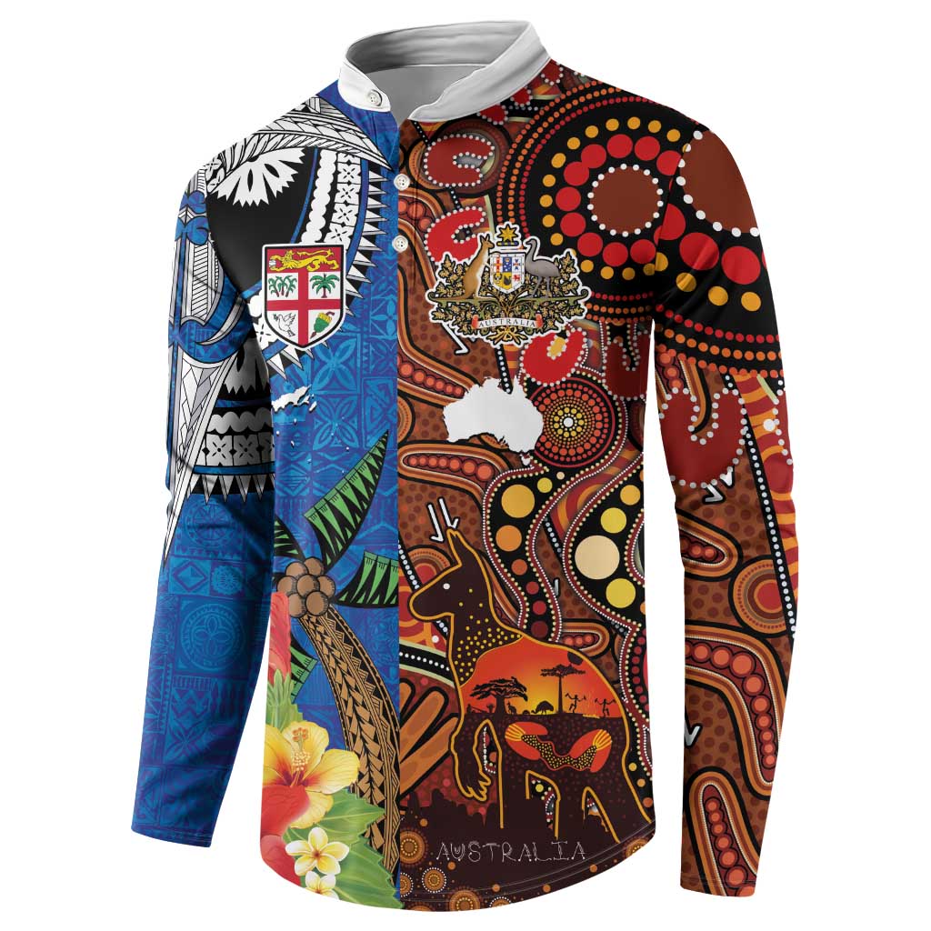 Fiji and Australia Together Button Sweatshirt Fijian Tapa Plants with Kangaroo and Aboriginal - Aussie Hoodie