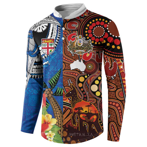 Fiji and Australia Together Button Sweatshirt Fijian Tapa Plants with Kangaroo and Aboriginal - Aussie Hoodie