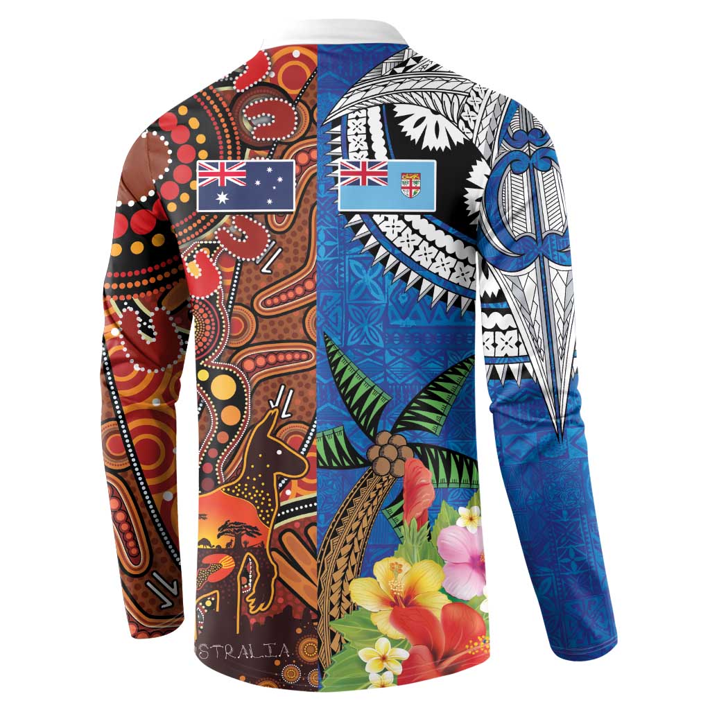 Fiji and Australia Together Button Sweatshirt Fijian Tapa Plants with Kangaroo and Aboriginal - Aussie Hoodie