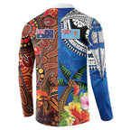 Fiji and Australia Together Button Sweatshirt Fijian Tapa Plants with Kangaroo and Aboriginal - Aussie Hoodie