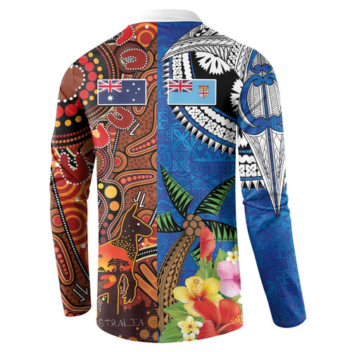 Fiji and Australia Together Button Sweatshirt Fijian Tapa Plants with Kangaroo and Aboriginal - Aussie Hoodie