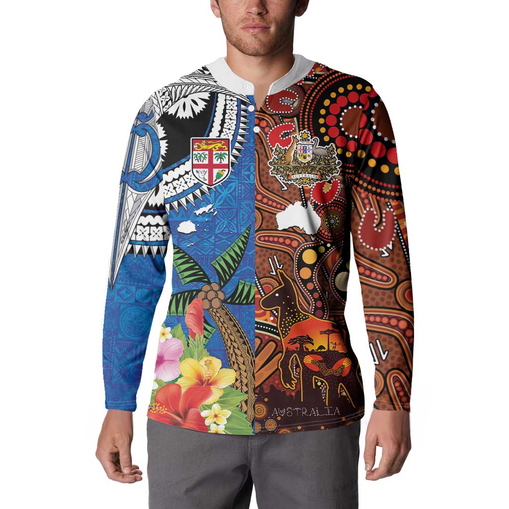 Fiji and Australia Together Button Sweatshirt Fijian Tapa Plants with Kangaroo and Aboriginal - Aussie Hoodie