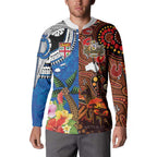 Fiji and Australia Together Button Sweatshirt Fijian Tapa Plants with Kangaroo and Aboriginal - Aussie Hoodie