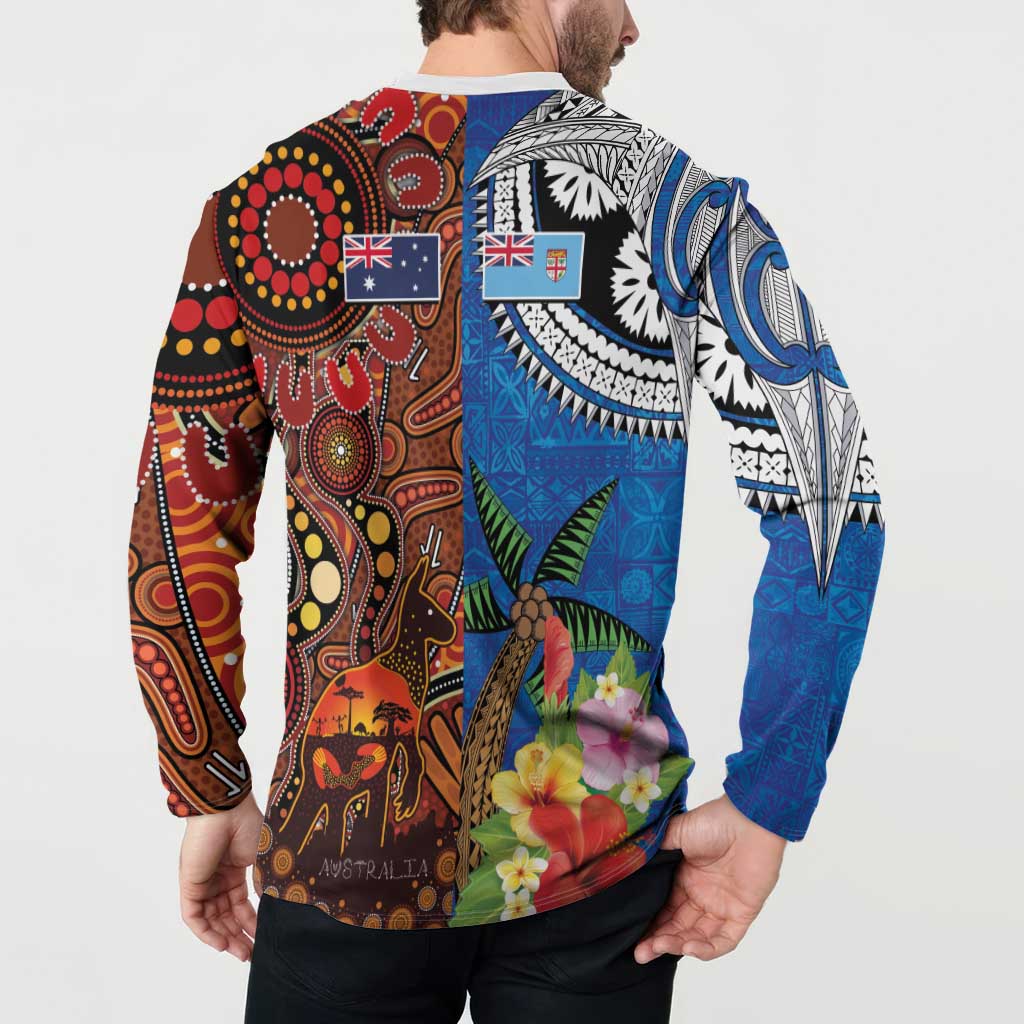 Fiji and Australia Together Button Sweatshirt Fijian Tapa Plants with Kangaroo and Aboriginal - Aussie Hoodie