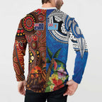 Fiji and Australia Together Button Sweatshirt Fijian Tapa Plants with Kangaroo and Aboriginal - Aussie Hoodie