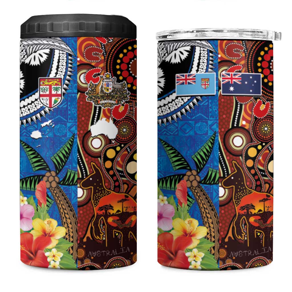 Fiji and Australia Together 4 in 1 Can Cooler Tumbler Fijian Tapa Plants with Kangaroo and Aboriginal - Aussie Hoodie