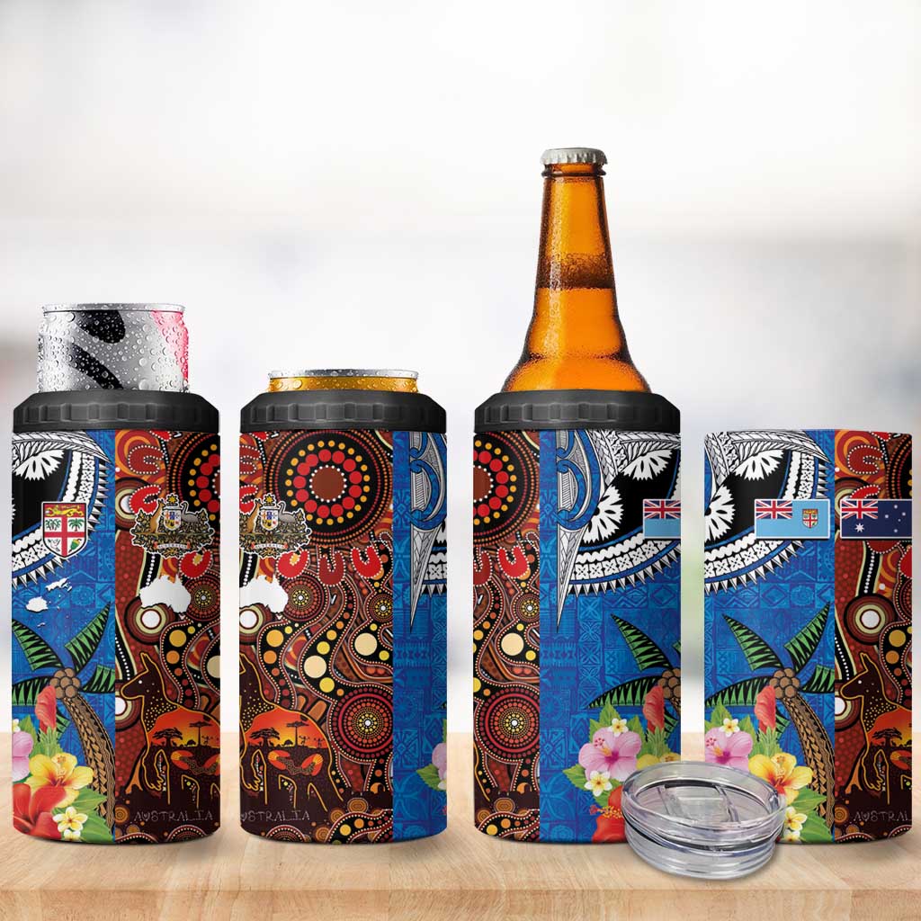 Fiji and Australia Together 4 in 1 Can Cooler Tumbler Fijian Tapa Plants with Kangaroo and Aboriginal - Aussie Hoodie