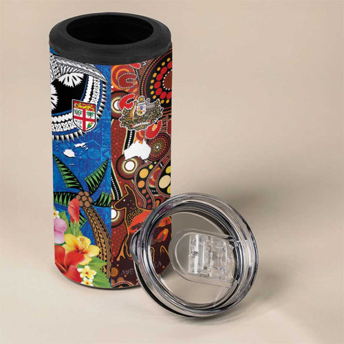 Fiji and Australia Together 4 in 1 Can Cooler Tumbler Fijian Tapa Plants with Kangaroo and Aboriginal - Aussie Hoodie