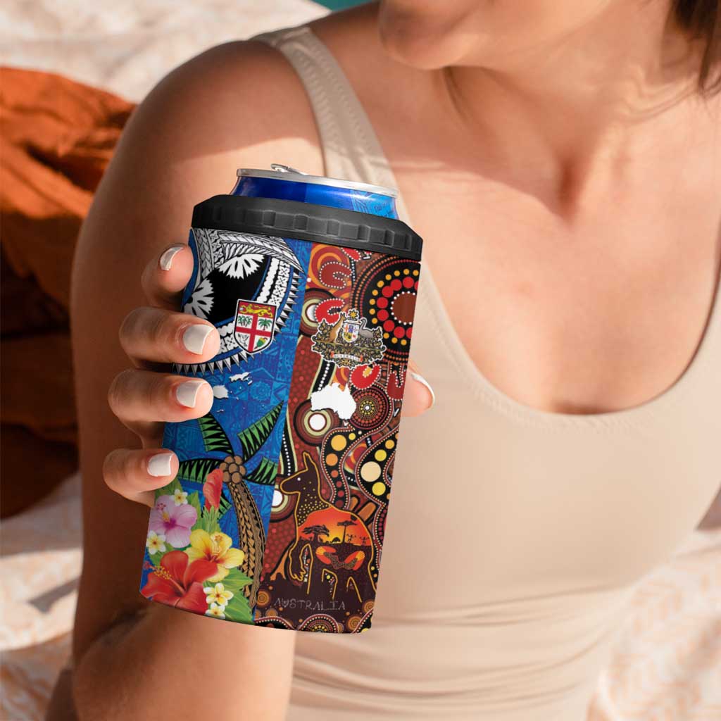 Fiji and Australia Together 4 in 1 Can Cooler Tumbler Fijian Tapa Plants with Kangaroo and Aboriginal - Aussie Hoodie
