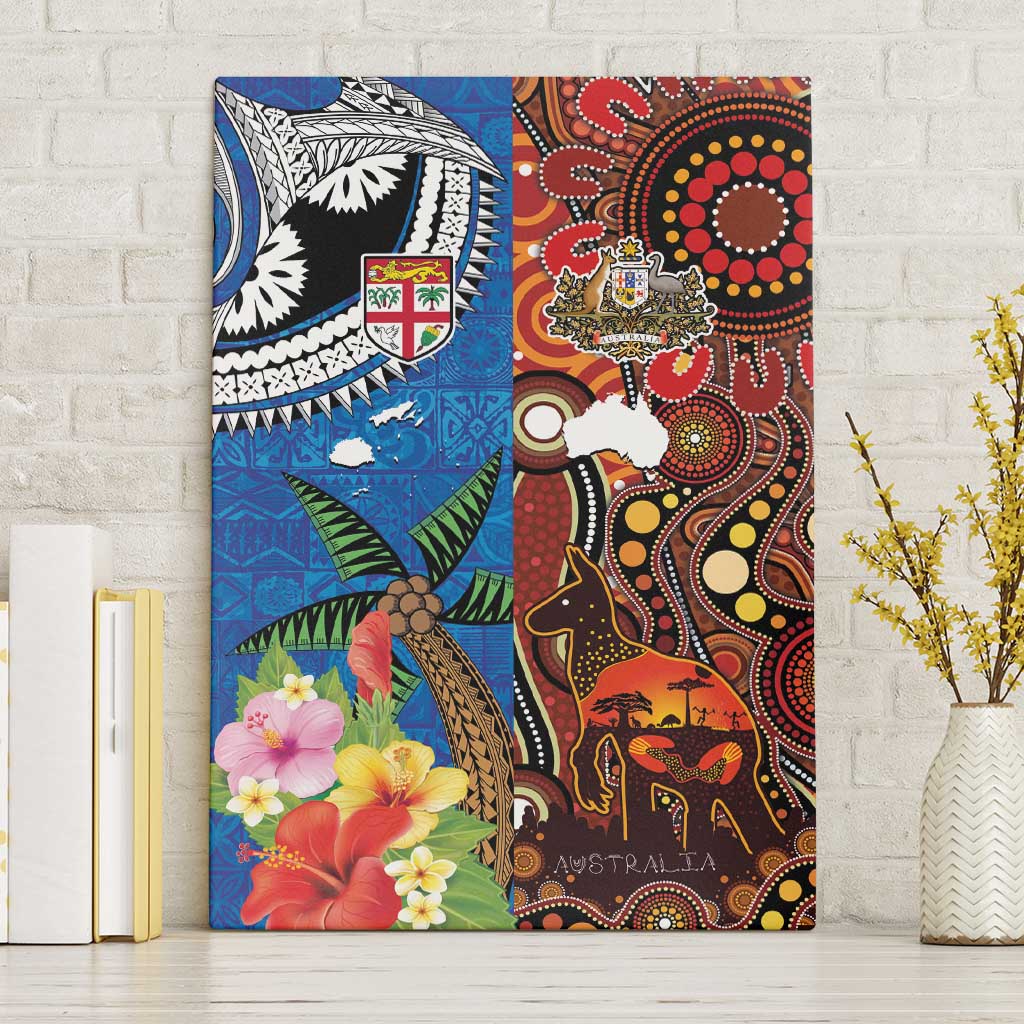 Fiji and Australia Together Canvas Wall Art Fijian Tapa Plants with Kangaroo and Aboriginal - Aussie Hoodie