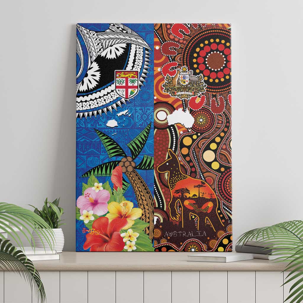 Fiji and Australia Together Canvas Wall Art Fijian Tapa Plants with Kangaroo and Aboriginal - Aussie Hoodie