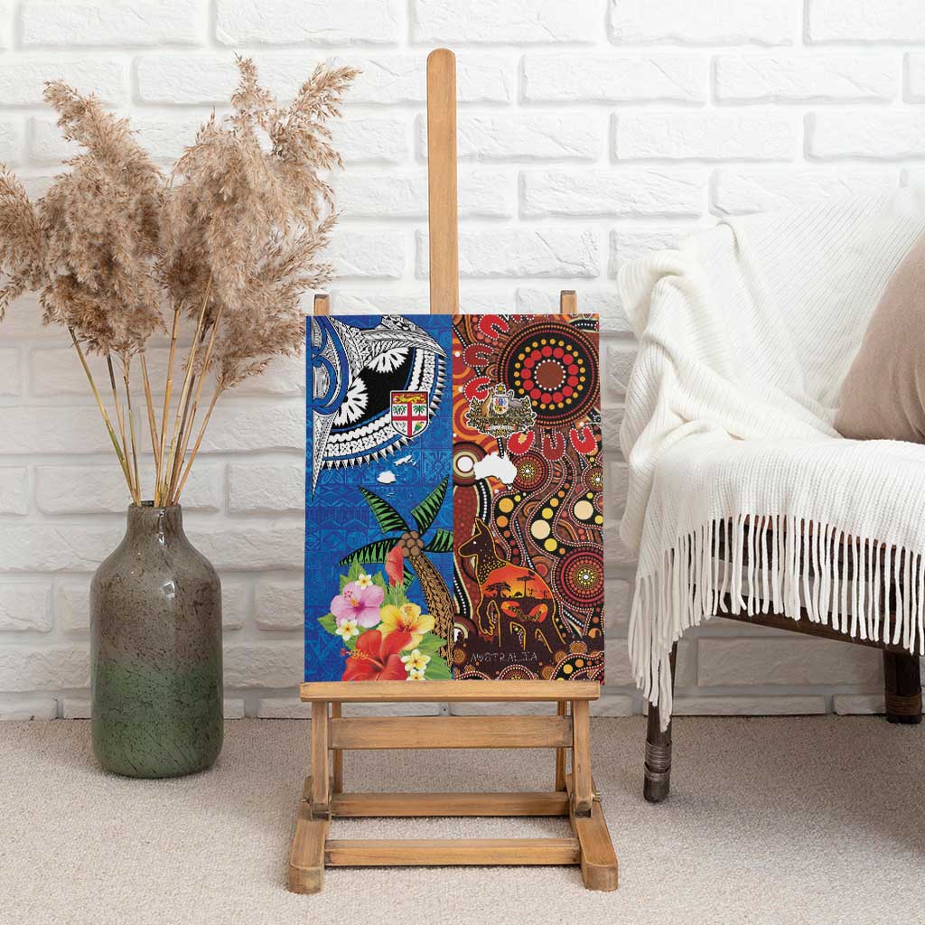 Fiji and Australia Together Canvas Wall Art Fijian Tapa Plants with Kangaroo and Aboriginal - Aussie Hoodie