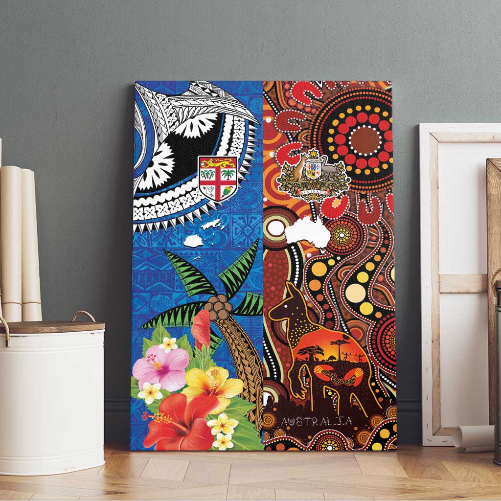 Fiji and Australia Together Canvas Wall Art Fijian Tapa Plants with Kangaroo and Aboriginal - Aussie Hoodie