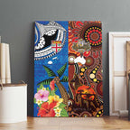 Fiji and Australia Together Canvas Wall Art Fijian Tapa Plants with Kangaroo and Aboriginal - Aussie Hoodie