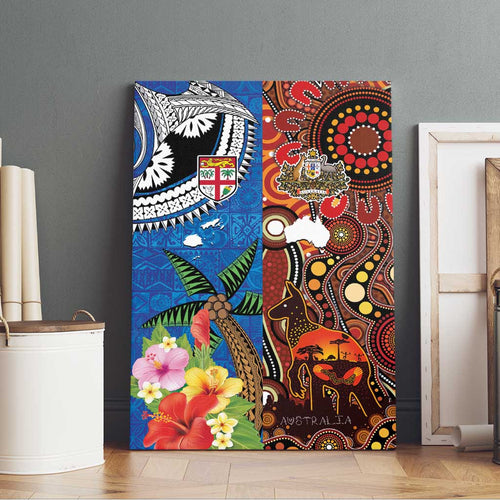 Fiji and Australia Together Canvas Wall Art Fijian Tapa Plants with Kangaroo and Aboriginal - Aussie Hoodie