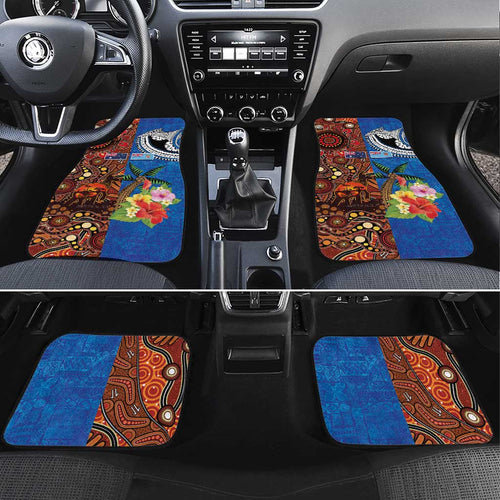 Fiji and Australia Together Car Mats Fijian Tapa Plants with Kangaroo and Aboriginal - Aussie Hoodie