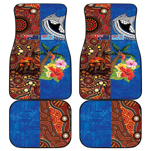 Fiji and Australia Together Car Mats Fijian Tapa Plants with Kangaroo and Aboriginal - Aussie Hoodie