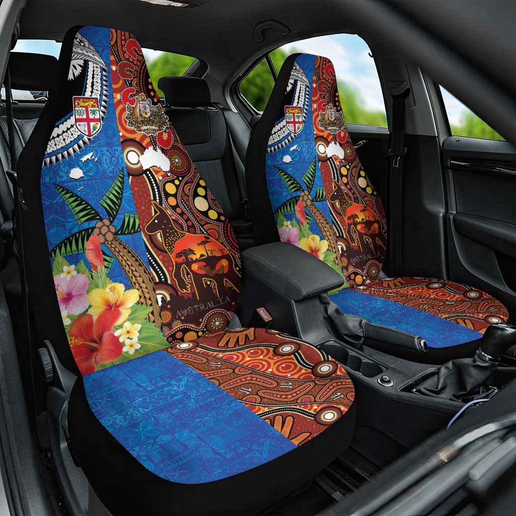 Fiji and Australia Together Car Seat Cover Fijian Tapa Plants with Kangaroo and Aboriginal - Aussie Hoodie