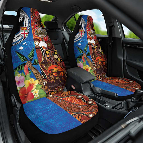 Fiji and Australia Together Car Seat Cover Fijian Tapa Plants with Kangaroo and Aboriginal - Aussie Hoodie