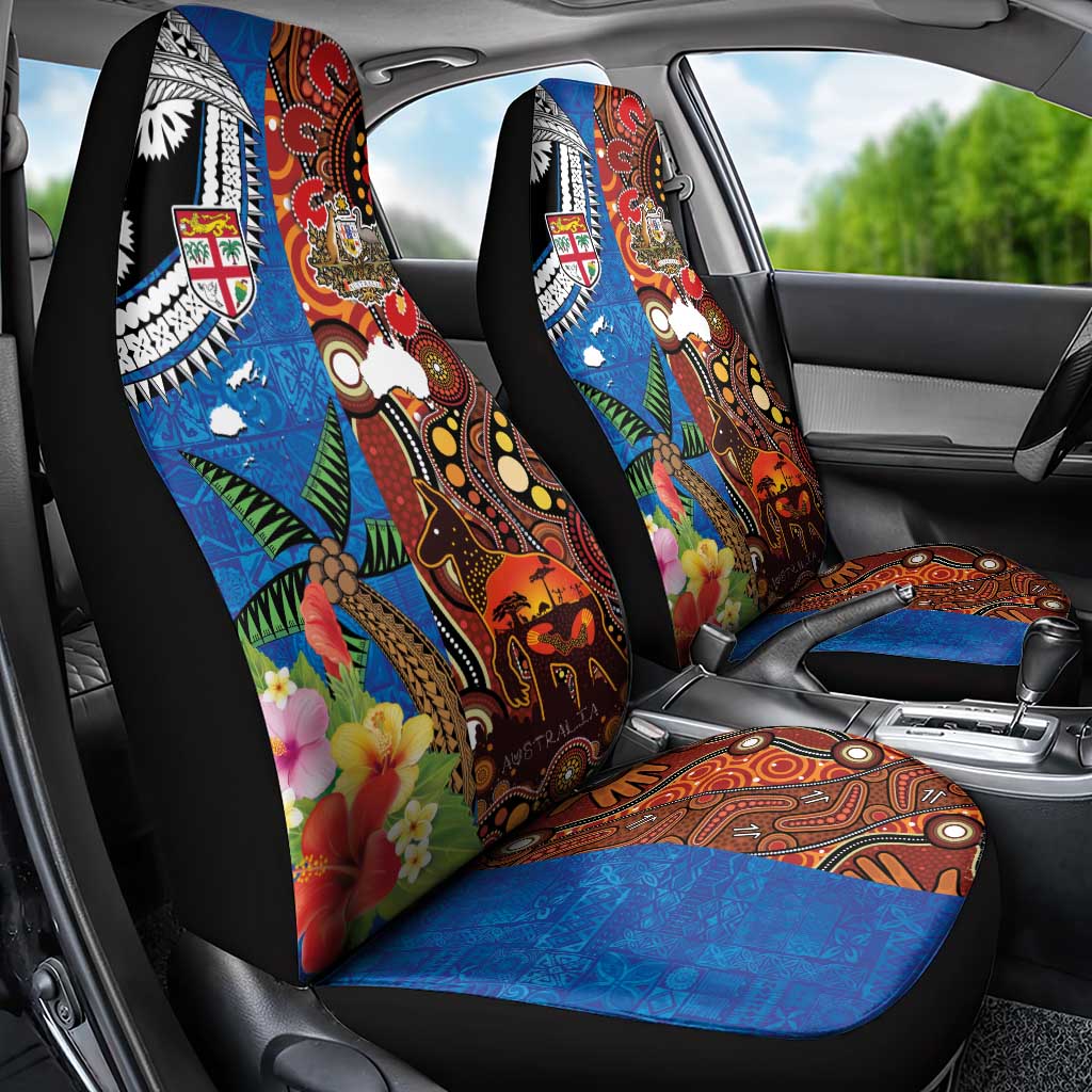 Fiji and Australia Together Car Seat Cover Fijian Tapa Plants with Kangaroo and Aboriginal - Aussie Hoodie