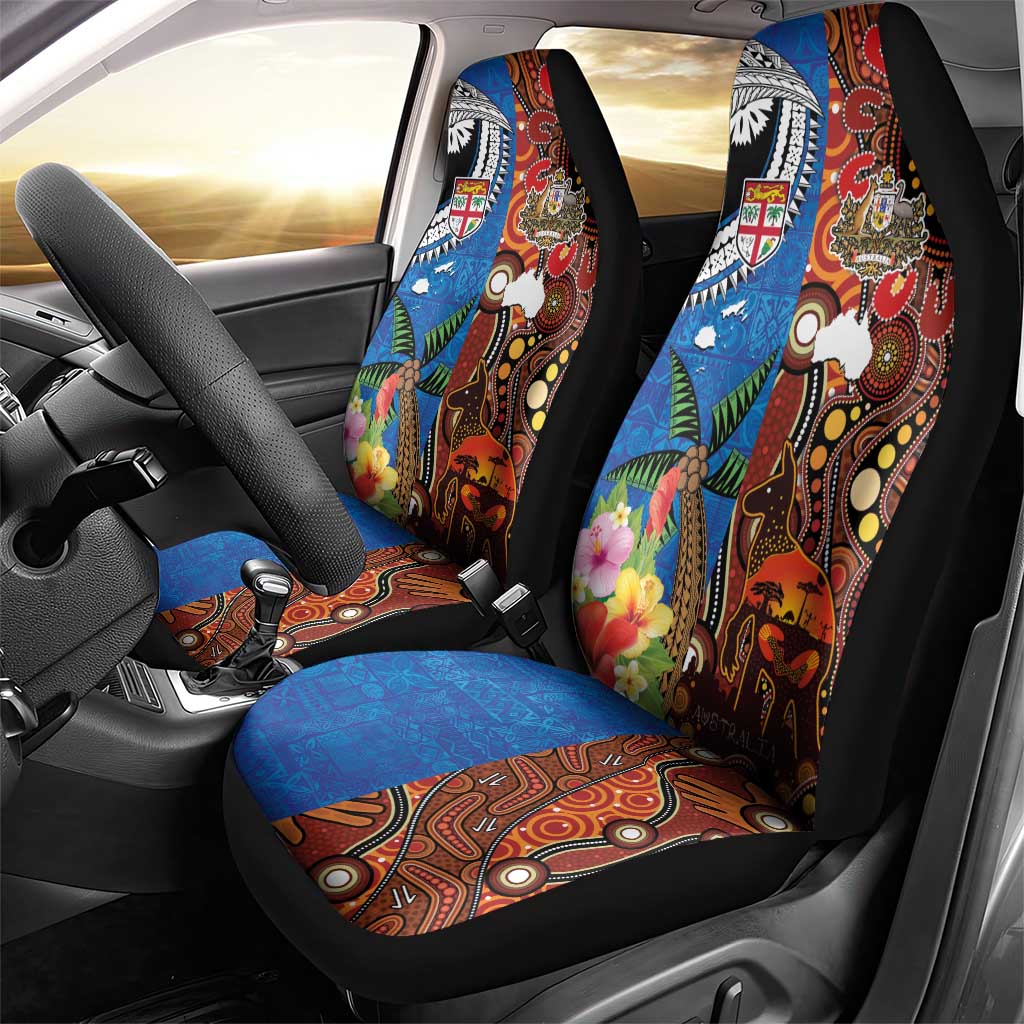 Fiji and Australia Together Car Seat Cover Fijian Tapa Plants with Kangaroo and Aboriginal - Aussie Hoodie