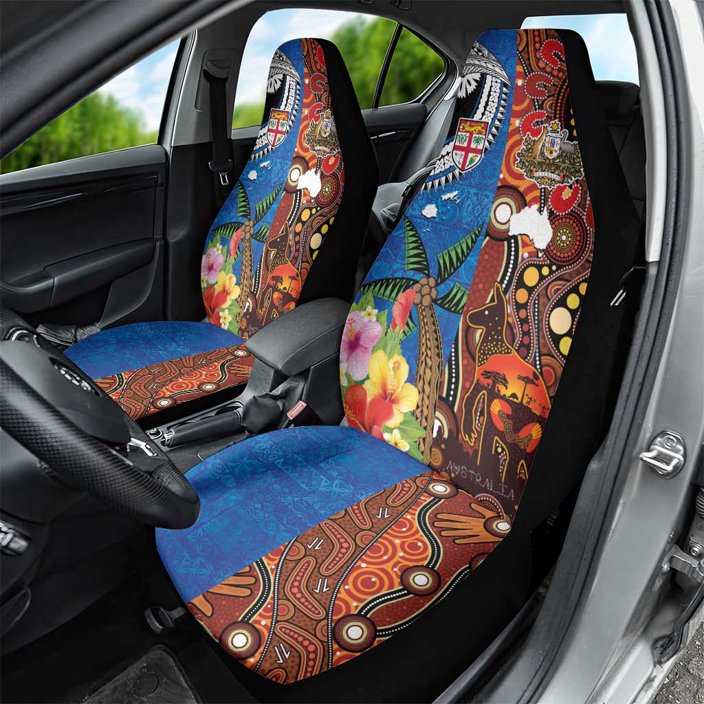 Fiji and Australia Together Car Seat Cover Fijian Tapa Plants with Kangaroo and Aboriginal - Aussie Hoodie