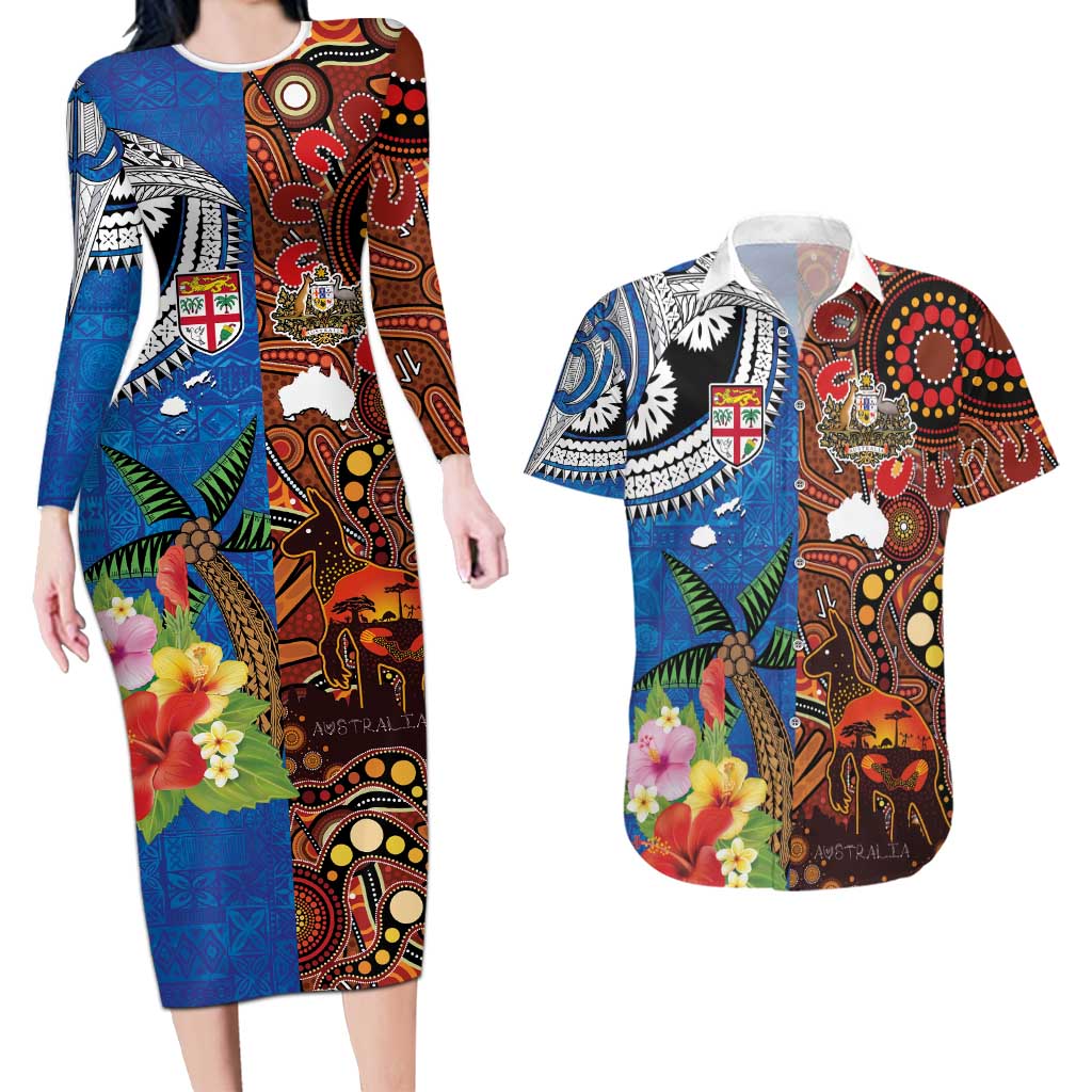 Fiji and Australia Together Couples Matching Long Sleeve Bodycon Dress and Hawaiian Shirt Fijian Tapa Plants with Kangaroo and Aboriginal - Aussie Hoodie