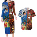 Fiji and Australia Together Couples Matching Long Sleeve Bodycon Dress and Hawaiian Shirt Fijian Tapa Plants with Kangaroo and Aboriginal - Aussie Hoodie