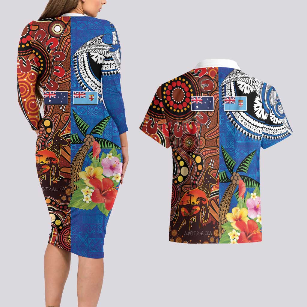 Fiji and Australia Together Couples Matching Long Sleeve Bodycon Dress and Hawaiian Shirt Fijian Tapa Plants with Kangaroo and Aboriginal - Aussie Hoodie