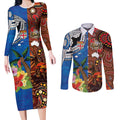 Fiji and Australia Together Couples Matching Long Sleeve Bodycon Dress and Long Sleeve Button Shirt Fijian Tapa Plants with Kangaroo and Aboriginal - Aussie Hoodie