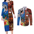 Fiji and Australia Together Couples Matching Long Sleeve Bodycon Dress and Long Sleeve Button Shirt Fijian Tapa Plants with Kangaroo and Aboriginal - Aussie Hoodie