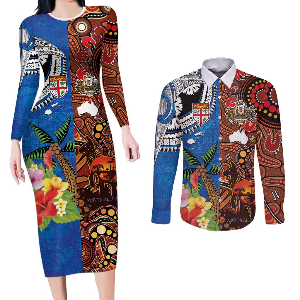 Fiji and Australia Together Couples Matching Long Sleeve Bodycon Dress and Long Sleeve Button Shirt Fijian Tapa Plants with Kangaroo and Aboriginal - Aussie Hoodie