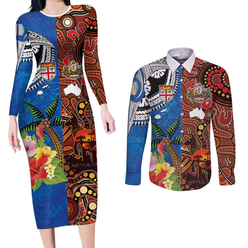 Fiji and Australia Together Couples Matching Long Sleeve Bodycon Dress and Long Sleeve Button Shirt Fijian Tapa Plants with Kangaroo and Aboriginal - Aussie Hoodie