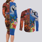 Fiji and Australia Together Couples Matching Long Sleeve Bodycon Dress and Long Sleeve Button Shirt Fijian Tapa Plants with Kangaroo and Aboriginal - Aussie Hoodie