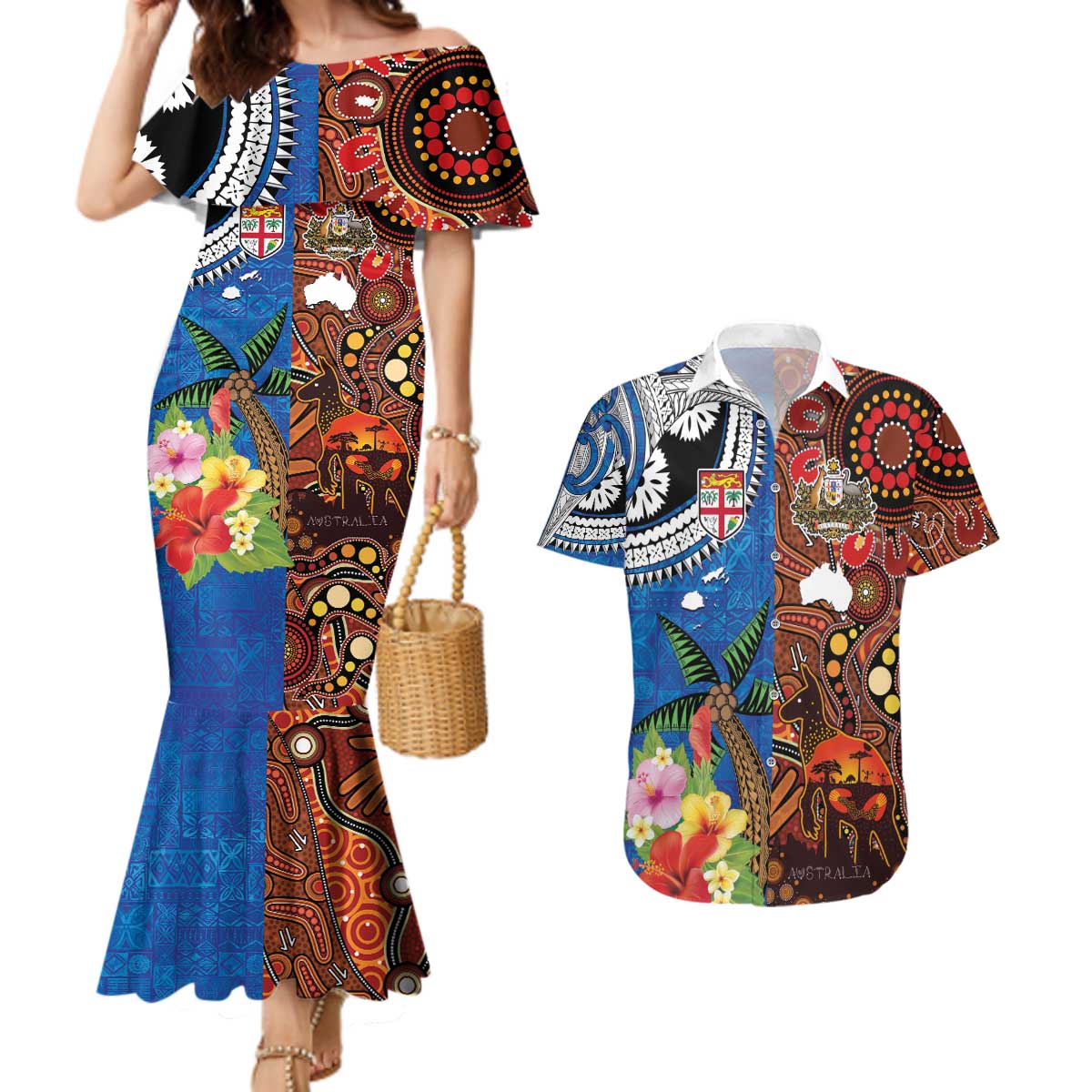 Fiji and Australia Together Couples Matching Mermaid Dress and Hawaiian Shirt Fijian Tapa Plants with Kangaroo and Aboriginal - Aussie Hoodie