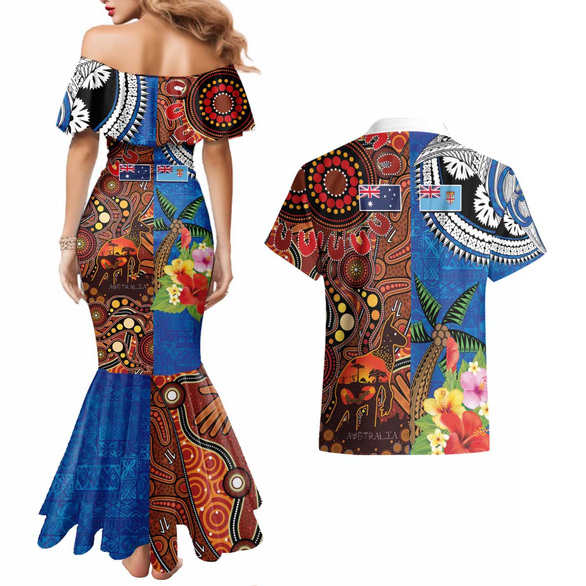 Fiji and Australia Together Couples Matching Mermaid Dress and Hawaiian Shirt Fijian Tapa Plants with Kangaroo and Aboriginal - Aussie Hoodie