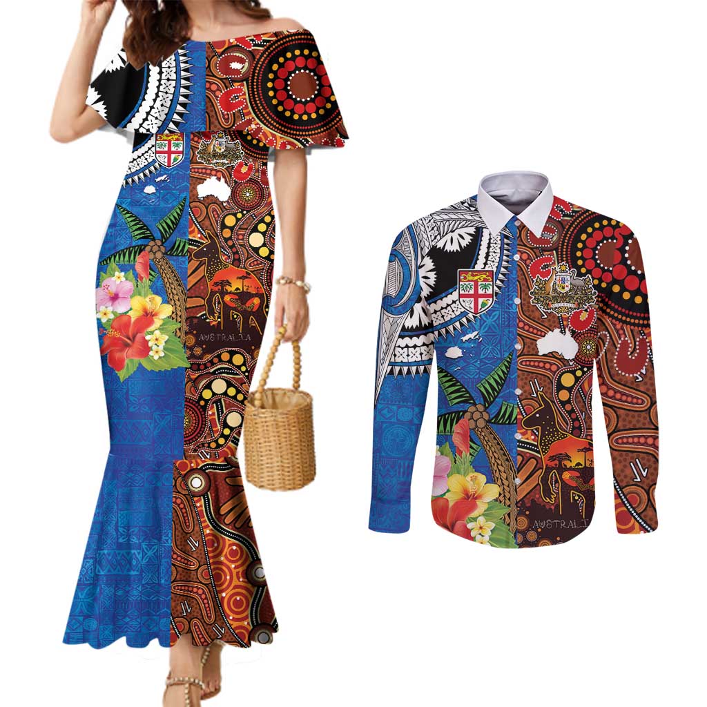 Fiji and Australia Together Couples Matching Mermaid Dress and Long Sleeve Button Shirt Fijian Tapa Plants with Kangaroo and Aboriginal - Aussie Hoodie